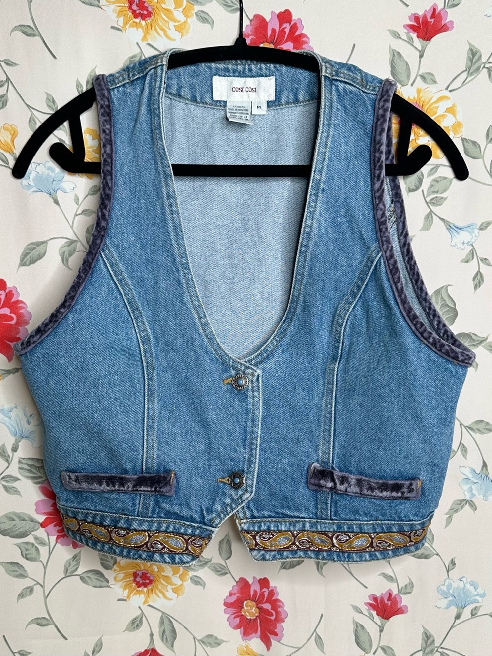COSI COSI | Vintage Denim Vest w/ Velvet Trim and Paisley Detail | Size M